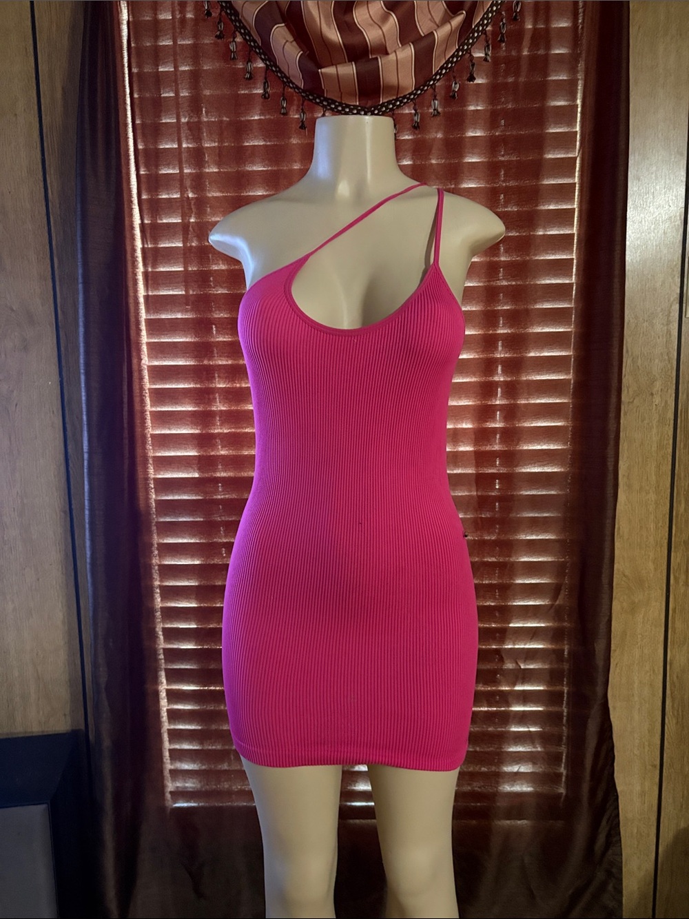 Asymmetric One-Shoulder Ribbed Mini Dress - Hot Pink